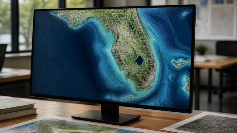 Mapa contemporâneo da Flórida com camadas de risco costeiro e uso do solo sobreposto