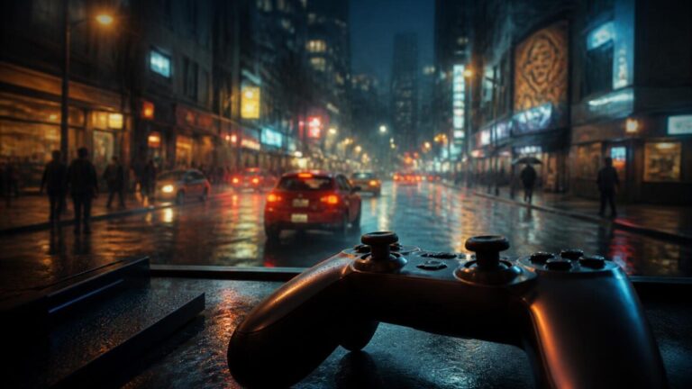 Controle de videogame sobre plano de cidade virtual com clima e tráfego em segundo plano