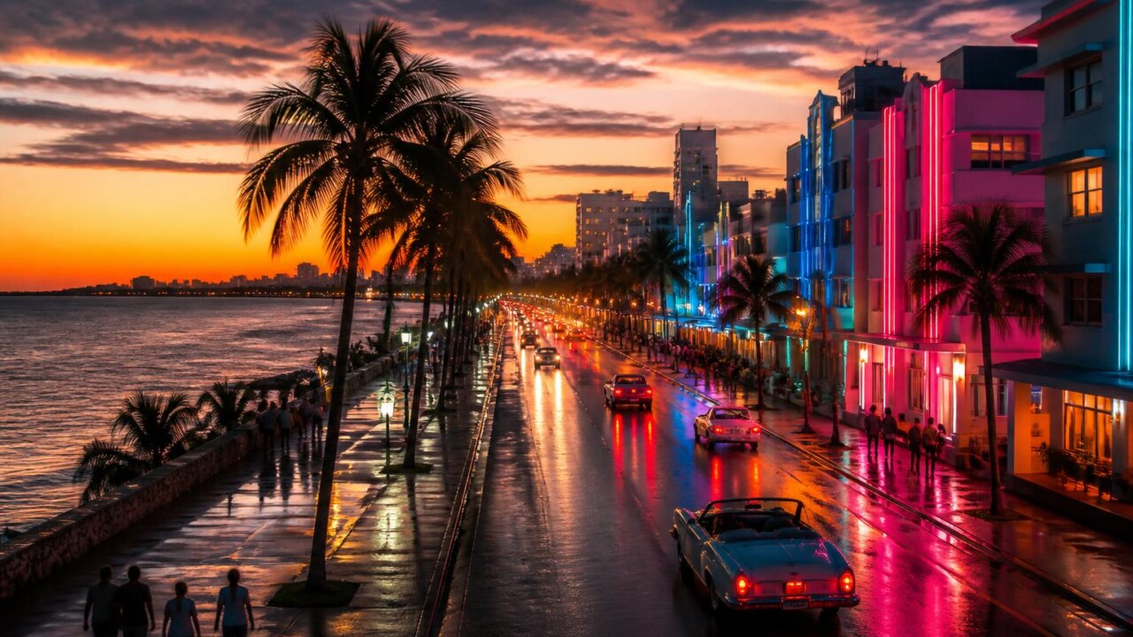 Vista noturna de Vice City com neon refletido na água e horizonte ao amanhecer