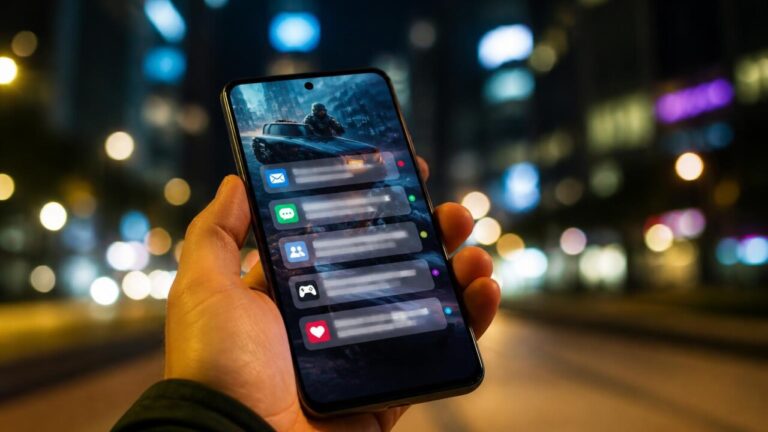 Mão segurando um smartphone com várias notificações e interface de jogo iluminada em ambiente urbano noturno