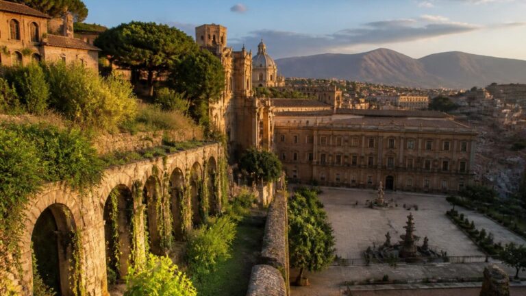 Panorama que reúne ruínas antigas, cidade histórica e paisagem natural, sugerindo inspiração para cenários de jogos