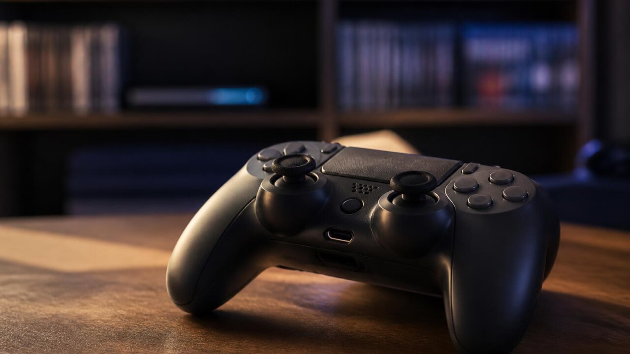 Controle de videogame sobre uma mesa com fundo desfocado, simbolizando jogos de grande sucesso