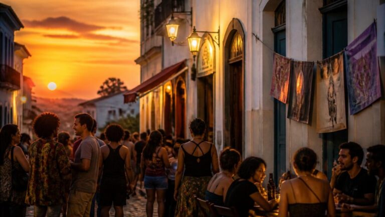 Pessoas reunidas em uma rua histórica da cidade, em encontro cultural ao entardecer