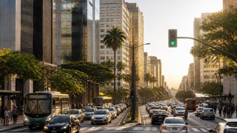 Avenida urbana com tráfego intenso em horário de pico mostrando carros, ônibus e semáforos.