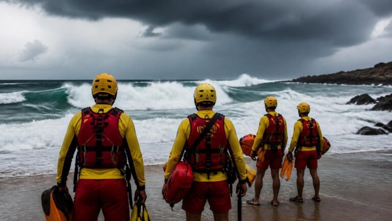 Equipe de resgate em praia com mar agitado e nuvens de tempestade no horizonte