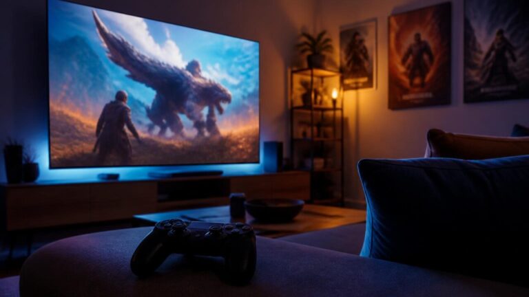 Sala de estar escura com televisão exibindo cena de videogame e um controle em primeiro plano