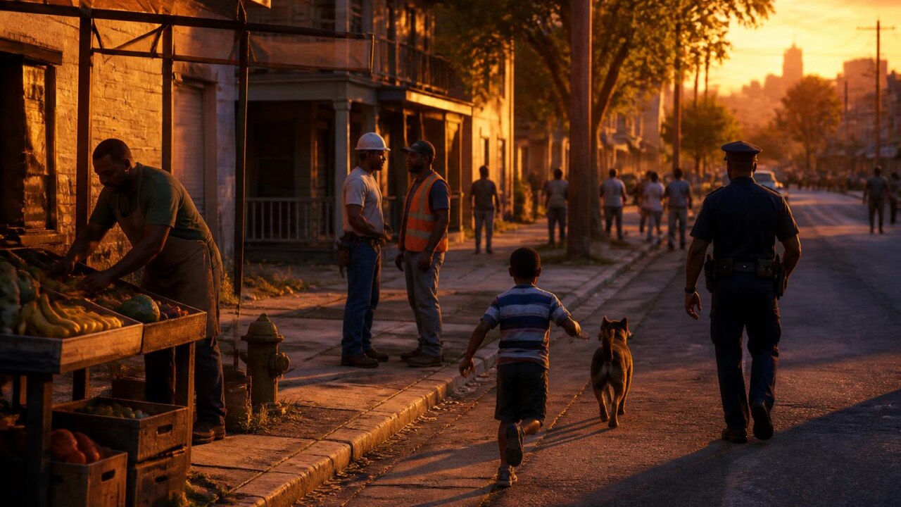 Cena urbana de jogo com vários NPCs caminhando e interagindo, mostrando vida e rotinas no ambiente